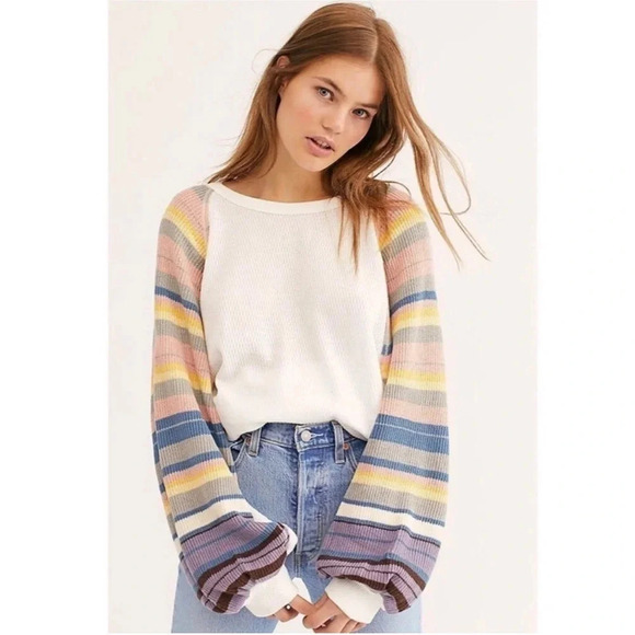 We The Free Rainbow Dreams Striped Balloon Sleeve Thermal Top - Picture 1 of 6